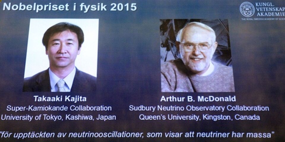 Nobelprijswinnaars Takaaki Kajita en Arthur B. McDonald.