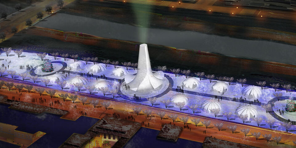 Artist impression van de Flamenco Ice Tower in Harbin.