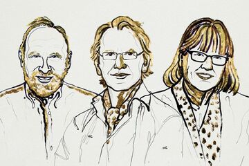 Arthur Ashkin, Gerard Mourou, Donna Strickland. Illustration | Niklas Elmehed, Nobel Media